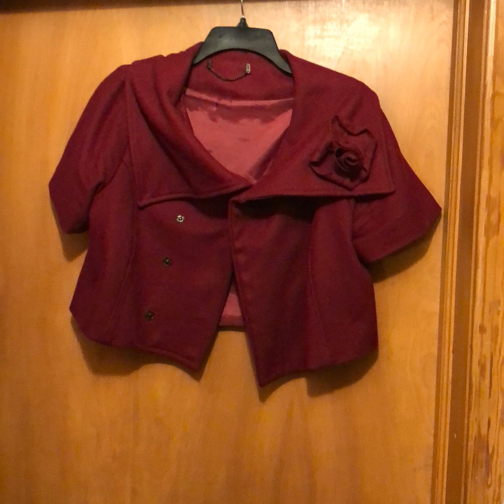 Women's Burgundy Short Sleeve Cropped Blazer with Rosette Detail